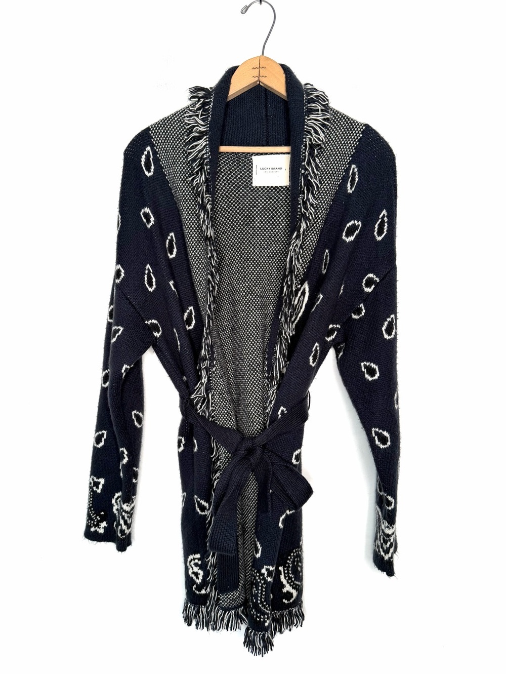 Lucky Brand Bandana Cardigan Bohemian Fringe Self Tie Belt Soft Size Large - Picture 2 of 6